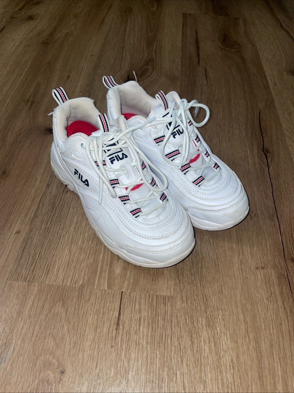 Fila Kids White Sneakers With Red & Navy Trim